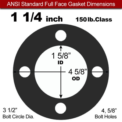 60 Duro EPDM Full Face Gasket - 150 Lb. - 1/16" Thick - 1-1/4" Pipe