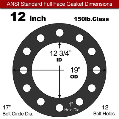 60 Duro EPDM Full Face Gasket - 150 Lb. - 1/16" Thick - 12" Pipe