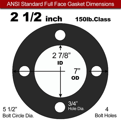 60 Duro EPDM Full Face Gasket - 150 Lb. - 1/8" Thick - 2-1/2" Pipe