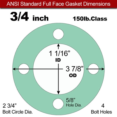 EQ 750G N/A NBR Full Face Gasket - 150 Lb. - 1/8" Thick - 3/4" Pipe