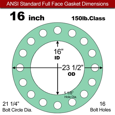 EQ 750G N/A NBR Full Face Gasket - 150 Lb. - 1/8" Thick - 16" Pipe