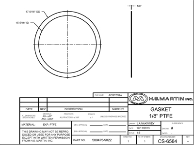 Equalseal Expanded PTFE Ring Gasket -  15-5/16" ID x 17-9/16" OD x 1/8" Thick
