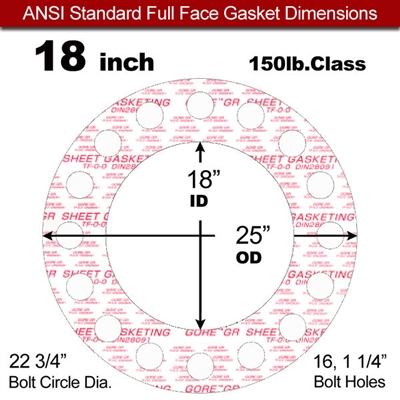 GOREÂ® GR Full Face Gasket - 150 Lb. - 1/16" Thick - 18" Pipe