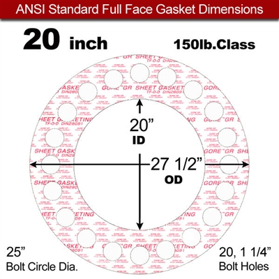 GORE GRÂ® Full Face Gasket - 150 Lb. - 1/16" Thick - 20" Pipe