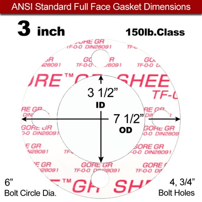 GOREÂ® GR Full Face Gasket - 150 Lb. - 1/16" Thick - 3" Pipe