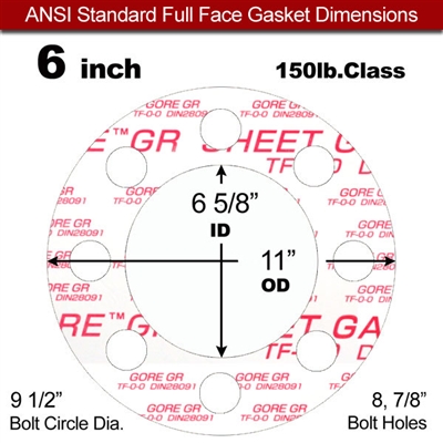 GOREÂ® GR Full Face Gasket - 150 Lb. - 1/16" Thick - 6" Pipe