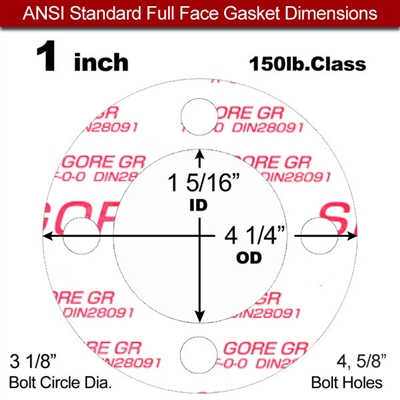 GOREÂ® GR Full Face Gasket - 150 Lb. - 1/8" Thick - 1" Pipe