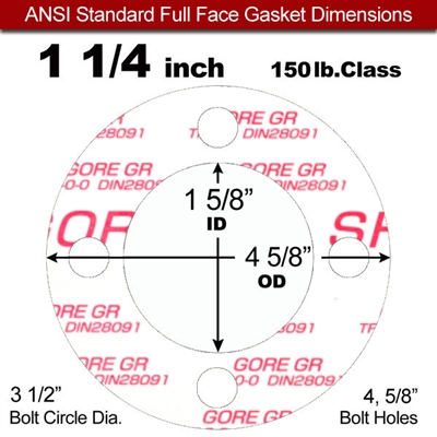 GORE GRÂ® Full Face Gasket - 150 Lb. - 1/8" Thick - 1-1/4" Pipe