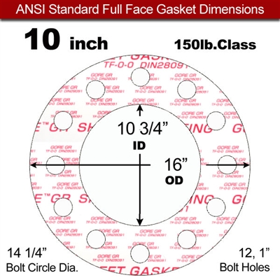 GOREÂ® GR Full Face Gasket - 150 Lb. - 1/8" Thick - 10" Pipe