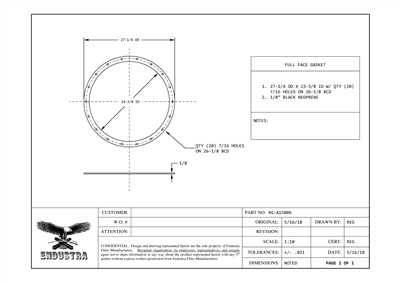 60 Duro Neoprene Full Face Gasket - 23.375" ID x 27.25" OD x 1/8" Thick (20) 7/16" Holes on 26.12" BC