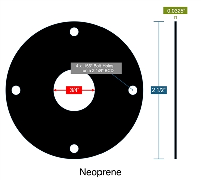 60 Duro Neoprene Full Face Gasket - 3/4" ID x 2-1/2" OD x .032" Thick  (4) 5/32" Holes On 2.125" BC