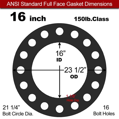 60 Duro Neoprene Full Face Gasket - 150 Lb. - 1/16" Thick - 16" Pipe