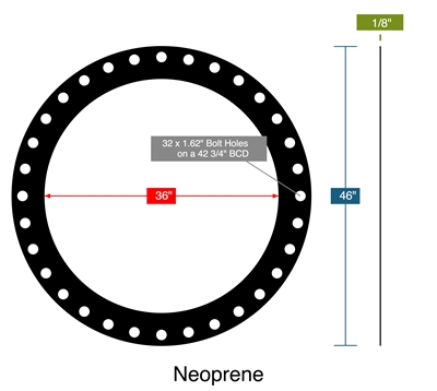 60 Duro Neoprene Full Face Gasket - 150 Lb. - 1/8" Thick - 36" Pipe