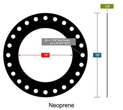 60 Duro Neoprene Full Face Gasket - 300 Lb. - 1/8" Thick - 18" Pipe