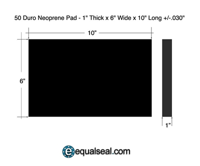 50 Duro Neoprene Pad - 1" Thick x 6" Wide x 10" Long +/-.030"