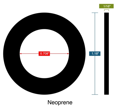 60 Duro Neoprene Custom Ring Gasket - 1/16" Thick - 18 mm ID x 30 mm OD