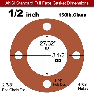 Red SBR Rubber Full Face Gasket - 150 Lb. - 1/16" Thick - 1/2" Pipe