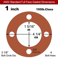 Red SBR Rubber Full Face Gasket - 150 Lb. - 1/16" Thick - 1" Pipe