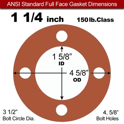 Red SBR Rubber Full Face Gasket - 150 Lb. - 1/16" Thick - 1-1/4" Pipe