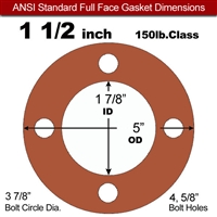 Red SBR Rubber Full Face Gasket - 150 Lb. - 1/16" Thick - 1-1/2" Pipe