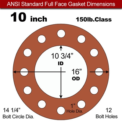 Red SBR Rubber Full Face Gasket - 150 Lb. - 1/16" Thick - 10" Pipe