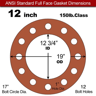 Red SBR Rubber Full Face Gasket - 150 Lb. - 1/16" Thick - 12" Pipe