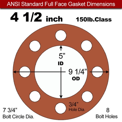 Red SBR Rubber Full Face Gasket - 150 Lb. - 1/16" Thick - 4-1/2" Pipe