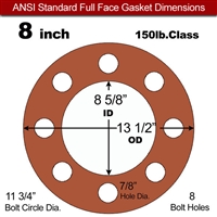 Red SBR Rubber Full Face Gasket - 150 Lb. - 1/16" Thick - 8" Pipe