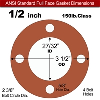 Red SBR Rubber Full Face Gasket - 150 Lb. - 1/8" Thick - 1/2" Pipe