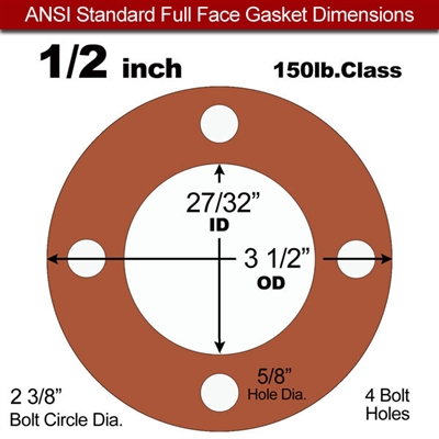 Red SBR Rubber Full Face Gasket - 150 Lb. - 1/8" Thick - 1/2" Pipe