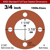 Red SBR Rubber Full Face Gasket - 150 Lb. - 1/8" Thick - 3/4" Pipe