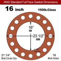 Red SBR Rubber Full Face Gasket - 150 Lb. - 1/8" Thick - 16" Pipe