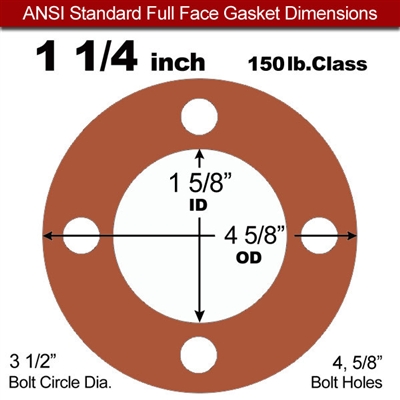 60 Duro Red Silicone Rubber Full Face Gasket - 150 Lb. - 1/16" Thick - 1-1/4" Pipe