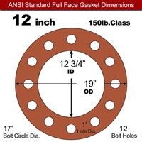 60 Duro Red Silicone Rubber Full Face Gasket - 150 Lb. - 1/16" Thick - 12" Pipe