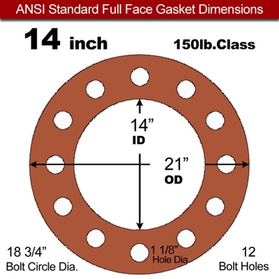 60 Duro Red Silicone Rubber Full Face Gasket - 150 Lb. - 1/16" Thick - 14" Pipe