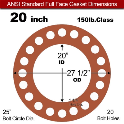 60 Duro Red Silicone Rubber Full Face Gasket - 150 Lb. - 1/16" Thick - 20" Pipe