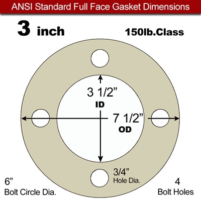 40 Duro Tan Pure Gum Full Face Gasket - 150 Lb. - 1/16" Thick - 3" Pipe