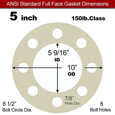 40 Duro Tan Pure Gum Full Face Gasket - 150 Lb. - 1/16" Thick - 5" Pipe