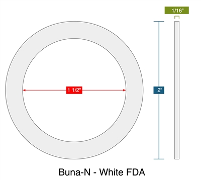 60 Duro White FDA Nitrile (Buna-N) Ring Gasket - 1-1/2" ID x 2" OD x 1/16" Thick