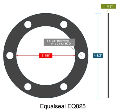 Equalseal EQ 825 Custom Full Face Gasket 1/16" Thick - 3-1/8" x 4-1/2" - 6 x .375" on a 3.812" BCD