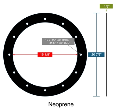 60 Duro Neoprene Full Face Gasket - 1/8â€ Thick - 16-1/8" ID X 20-7/8" OD - (12) 1/2" HOLES ON 18-7/8" BCD