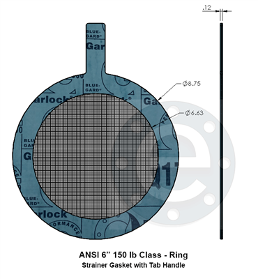 Strainer Gasket - Ring - w Tab Handle - Garlock 3000  6" 150 lb Class - 100 Mesh