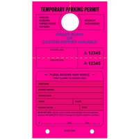 TEMPORARY PARKING PERMIT W/Custom Imprint of Name/Address - Mirror Hang Tag numbered and with Tear-off Stub.  Fluorescent Pink, 50/Pack