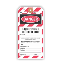DANGER, Equipment Locked Out, 5.75" x 2.875", White Paper, Looped String, Pack of 100