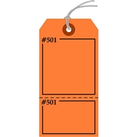 Claim Check/Tag, Numbered 2 Places, 5.75" x 2.875", Fluorescent Orange Paper,2 Part, Looped String, Pack of 100