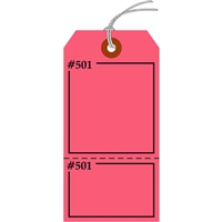 Claim Check/Tag, Numbered 2 Places, 5.75" x 2.875", Fluorescent Pink Paper,2 Part, Looped String, Pack of 100
