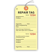 Repair Tag, Numbered 2 Places, 5.75" x 2.875", Manila Paper,2 Part, Looped String, Pack of 100