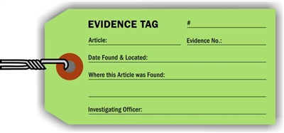 "Evidence Tag", 2.125 x 4.25 in., 13Pt Light Green paper, Wired, 100 per shrink pack