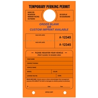 TEMPORARY PARKING PERMIT - Mirror Hang Tag numbered and with Tear-off Stub.  Fluorescent Orange, 50/Pack
