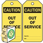 <!010>Caution Out of Service, 6-1/4" x 3", Yellow Polypropylene, In-a-Box of 100